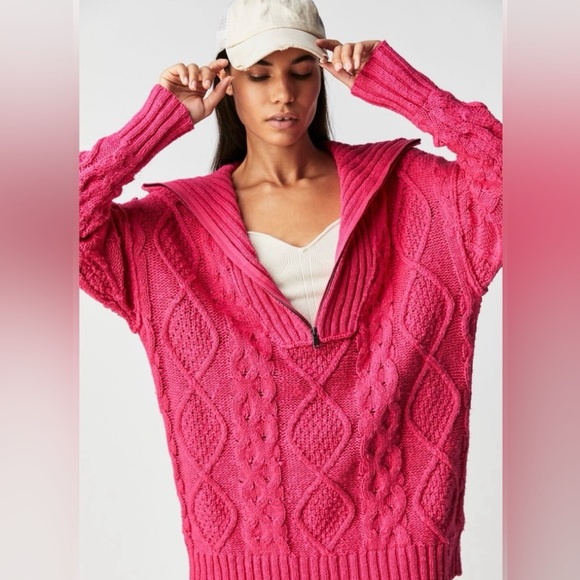 Free People Sweaters - Free People Driftwood Cable Polo Sweater Pink Size Large